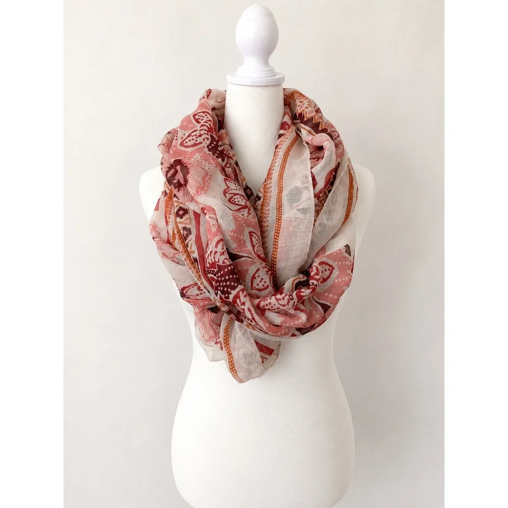 Sheer Romantic Floral Scarf 44 x 70 Funnel Infinity Blush Maroon Brick Boho